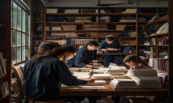 学术研究室内研究人员翻阅关于打女生屁股文化研究的专业文献，书架背景营造严肃学术氛围