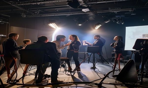 现代影视拍摄现场导演与演员讨论打女生屁股场景的艺术处理方式，专业灯光设备环绕