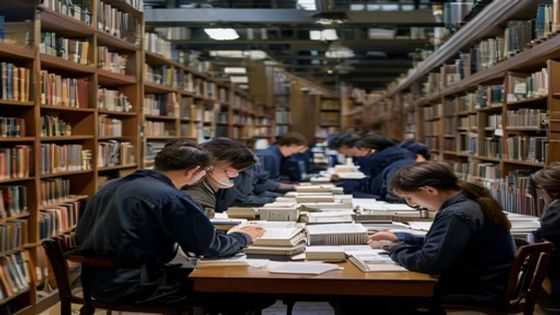 研究人员在整洁的图书馆查阅家庭教育相关文献资料，展现出严谨的学术研究工作状态