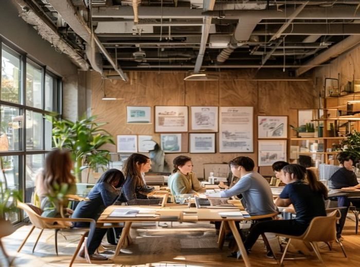 达努生文化传播有限公司开放式办公区，团队成员围坐在原木长桌旁讨论亲子教育内容方案，墙面陈列着品牌发展历程与荣誉证书，自然采光营造出温暖专业的工作氛围